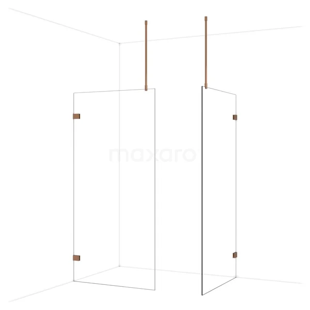 Glazen douchewand met minimalistisch design, transparant, hoekopstelling en goudkleurige scharnieren voor luxe badkamerstijl.