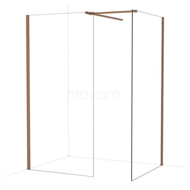 Glasene Duschwand mit kupferfarbenen Profilen, minimalistisches Design für moderne Bäder.