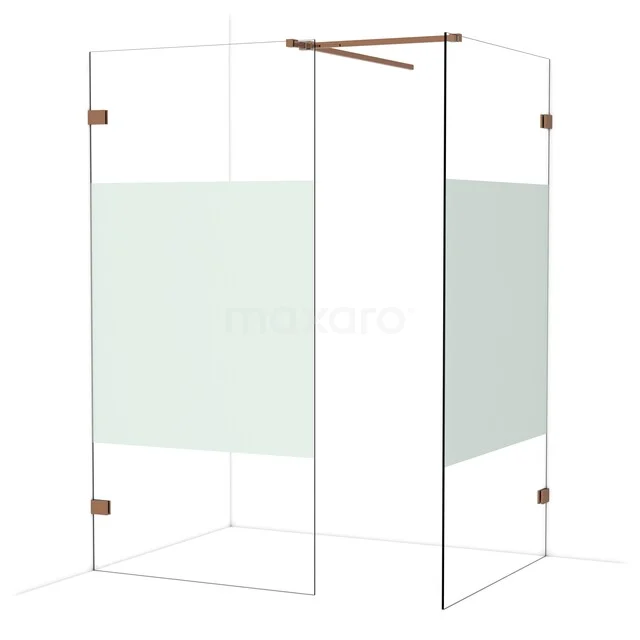 Eck-Duschwand aus klarem und Mattglas mit kupferfarbenen Scharnieren und Stützstange, ideal für ein modernes Badezimmer.