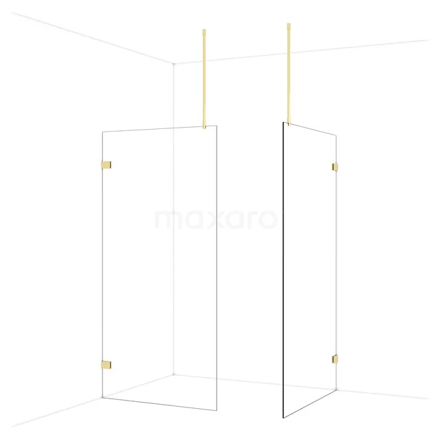 Douchecabine met helder glas, gouden scharnieren en minimalistisch design voor een moderne badkamer inrichting.