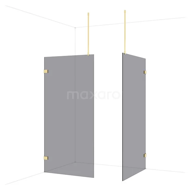 Grey glass shower wall with brass hinges, minimalist design, perfect as a luxury partition in the bathroom.