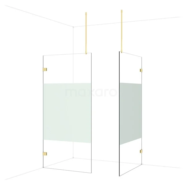 Glass shower wall with gold-coloured fittings, matte white panel and sleek design, ideal for a luxury bathroom style.