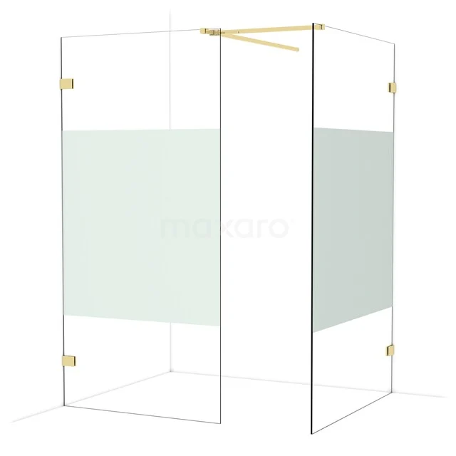 Glas Duschwand mit goldfarbenen Akzenten, Eckaufstellung, mattiertes Paneel für Privatsphäre, perfekt für ein modernes Badezimmer.