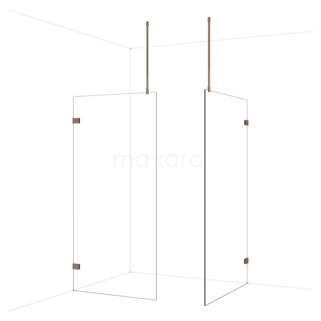 Diamond Walk-in shower | 120x100 cm Shiny copper Clear glass 2 fixed walls IDB1012920GKP Douchewand helder glas met goudkleurige scharnieren, minimalistisch design, ideaal voor een stijlvolle badkamerinrichting.