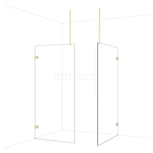 Transparent glass shower wall with gold-coloured metal details, ideal for a modern bathroom design.