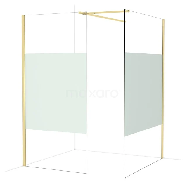 Glazen douchewand in L-vorm met goudkleurige profiel, ideaal voor een stijlvolle badkamer.