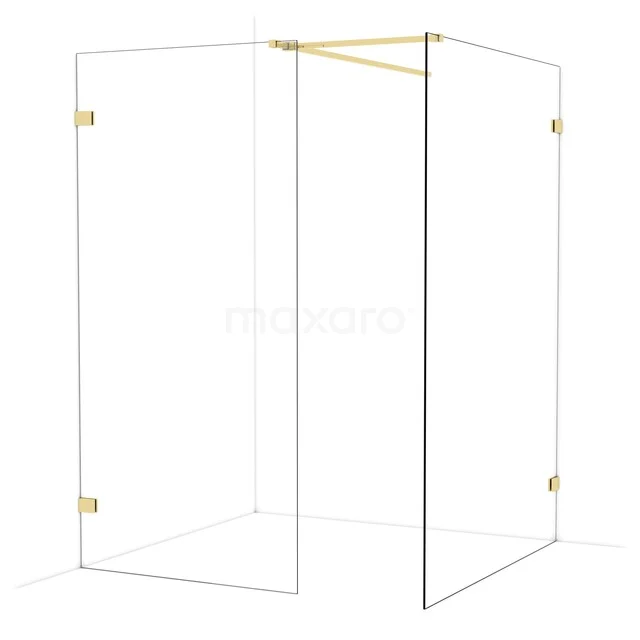 Glass shower wall with corner setup, gold-coloured fittings and stylish design for modern bathrooms.