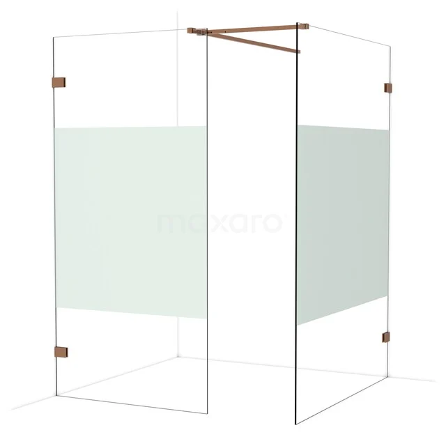 Glazen douchewand met mat witte banen, hoekdesign en koperen bevestiging; stijlvolle scheidingswand voor moderne badkamers.