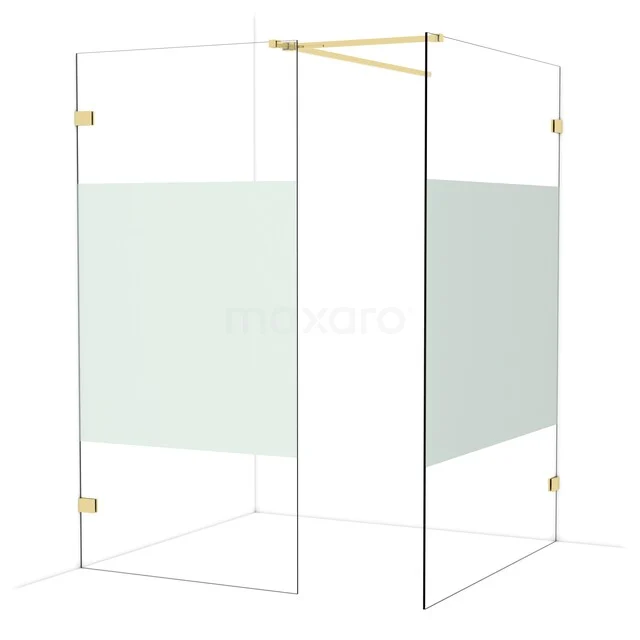 Douchewand met goudkleurige accenten, helder glas en mat gedeelte. Elegante toevoeging aan een moderne badkamer.
