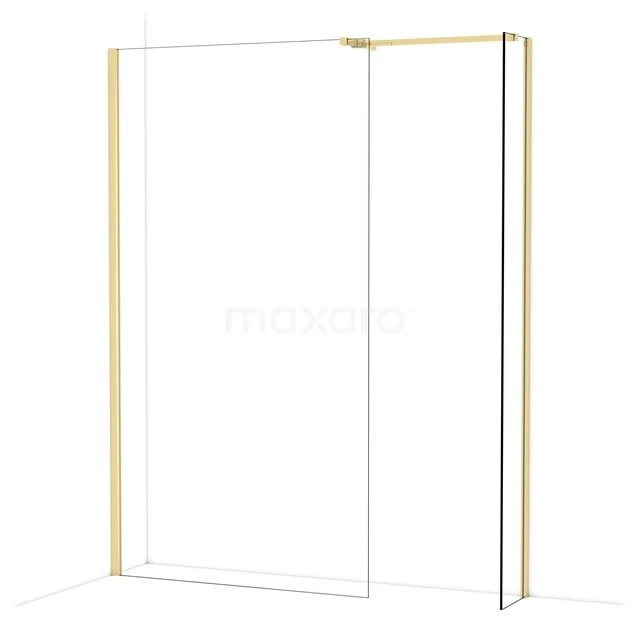 Golden walk-in shower with minimalist design, transparent glass and sleek aluminium frame, perfect for luxury bathrooms.