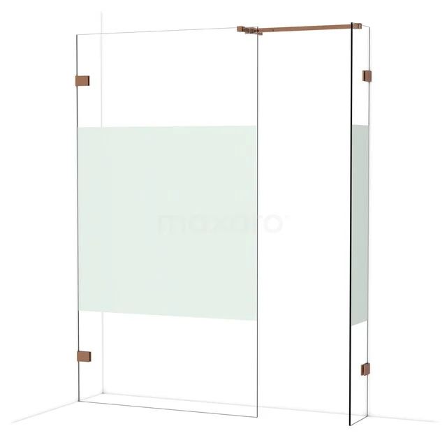 Diamond Walk-in shower | 110x30 cm Shiny copper Clear with matt strip 2 fixed walls IDB1103523GKP Douchewand helder glas met mat middenvlak, koperkleurige scharnieren, modern ontwerp voor stijlvolle badkamerinrichting.