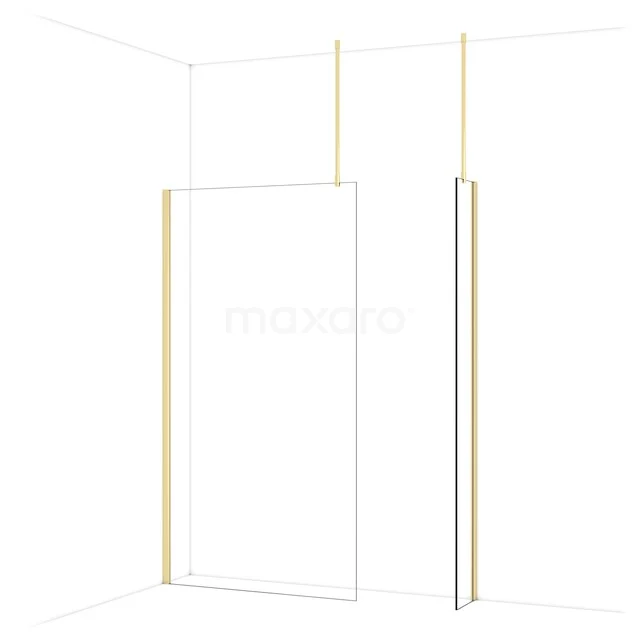 Diamond Walk-in shower | 110x30 cm Glossy light gold Clear glass 2 fixed walls IDB1103910GLG Glazen douchewand met goudkleurige profielen, minimalistisch ontwerp, ideaal voor luxe badkamerinrichting.