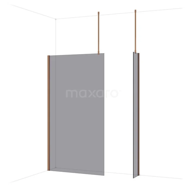 Diamond Walk-in shower | 110x30 cm Shiny copper Smoke glass 2 fixed walls IDB1103911GKP Grijze glazen douchewand met stijlvolle roségouden profielen, ideaal voor een moderne badkamerinrichting.