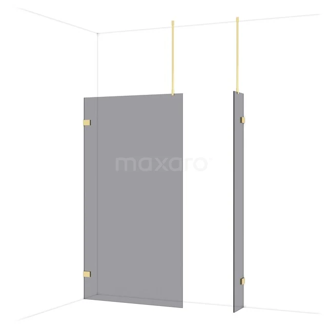 Grijze glazen douchewand met messing scharnieren, slank design, ideaal voor een moderne badkamer inrichting.