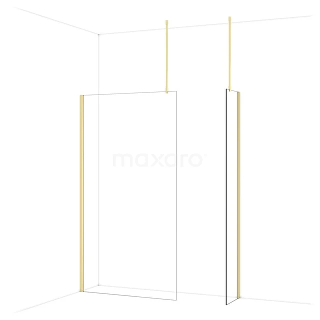 Douchewand met helder glas en gouden profielen, minimalistisch ontwerp, ideaal voor moderne badkamerinrichtingen.