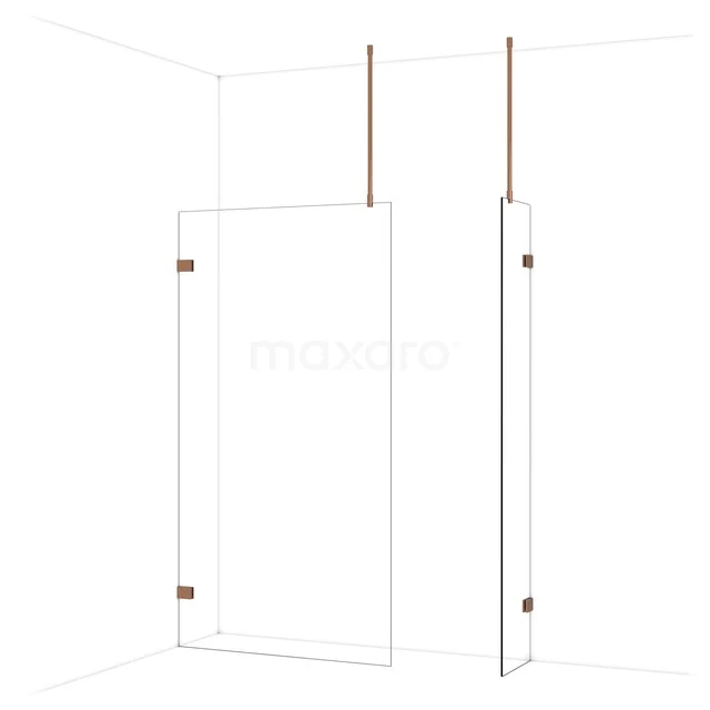 Diamond Walk-in shower | 110x40 cm Shiny copper Clear glass 2 fixed walls IDB1104920GKP Glazen douchewand met messing scharnieren, minimalistisch design voor een moderne badkamer.