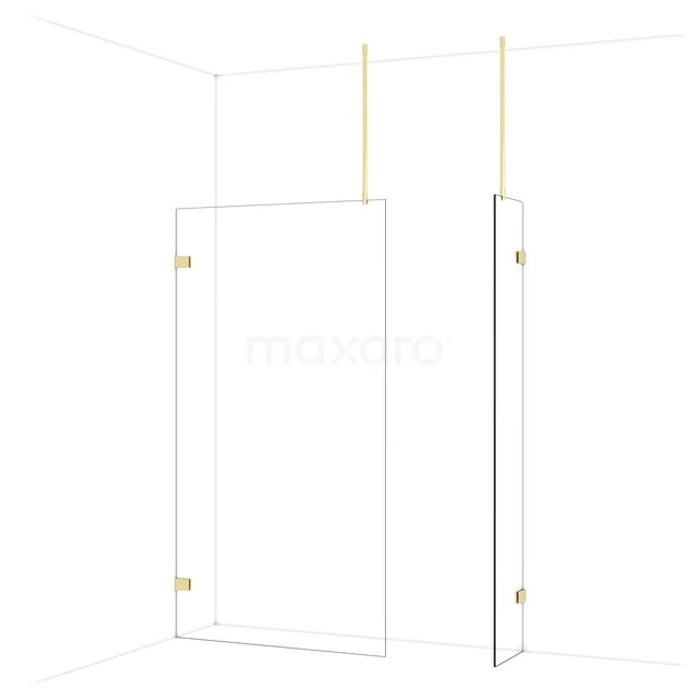 Glass shower wall with gold-coloured hinges, minimalist design, ideal for a modern bathroom decor.