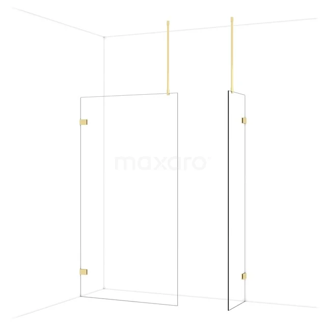 Duschwand aus Klarglas mit goldfarbenen Scharnieren, minimalistisches Design ideal für stilvolle Bäder.