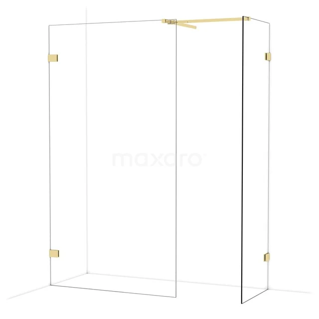 Douchewand met goudkleurige details, helder glas en strak design voor een moderne badkamer.