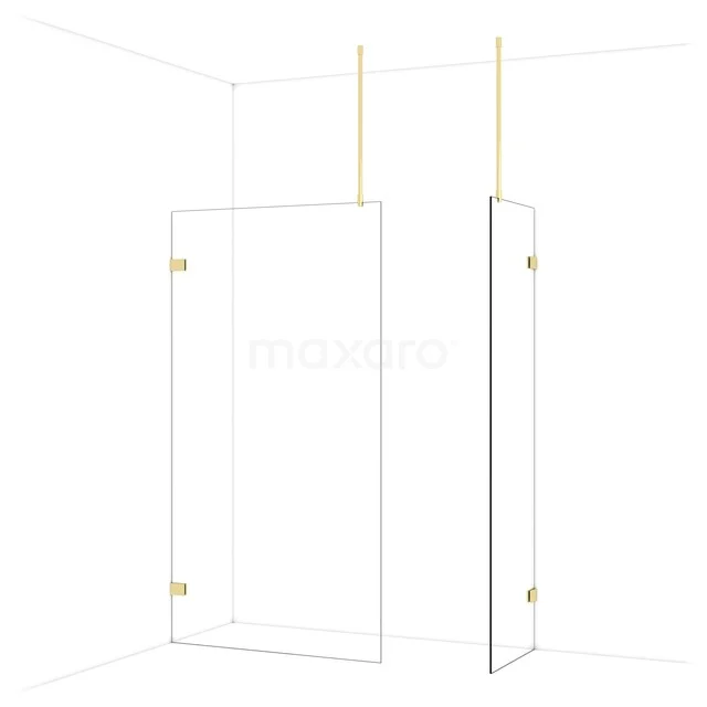 Transparante douchewand met goudkleurige scharnieren, strak design en minimalistische uitstraling, ideaal voor moderne badkamers.