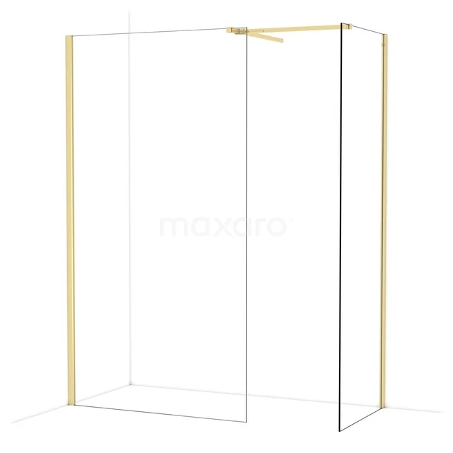 Douchewand met gouden aluminium frame, transparant glas en strak design, ideaal voor een moderne badkamerinrichting.