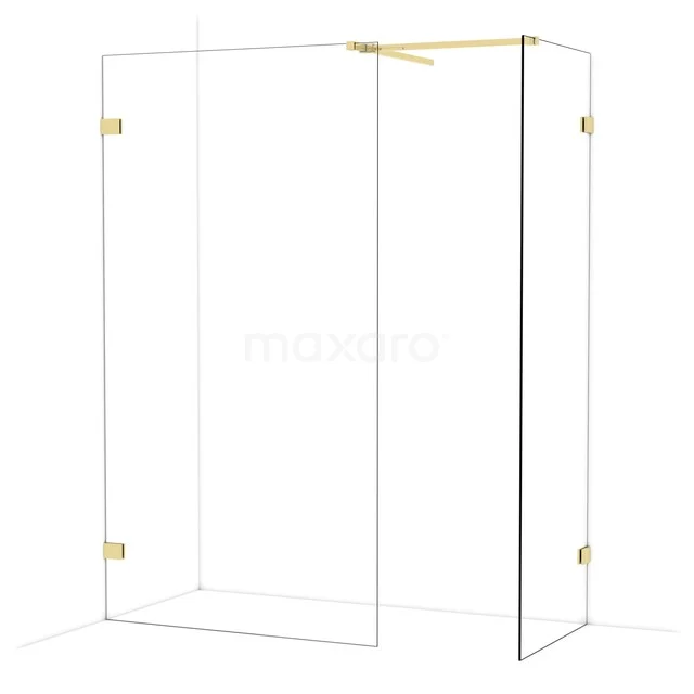Glazen douchewand met gouden details, luxe badkamerdesign met strak vormgegeven transparant materiaal.