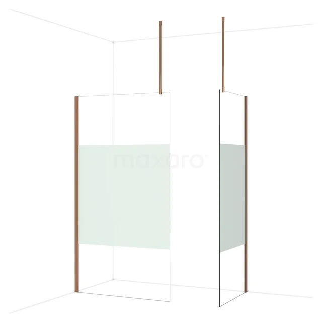 Douchewand met minimalistisch design, matglas en koperkleurige profielen, ideaal voor een stijlvolle badkamerinrichting.