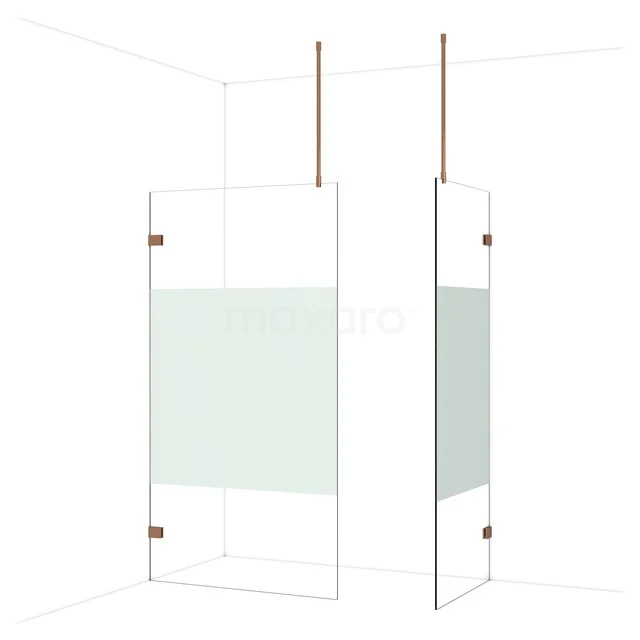 Glazen douchewand met mat wit middenpaneel, koperkleurige scharnieren en steunen, modern design voor stijlvolle badkamers.