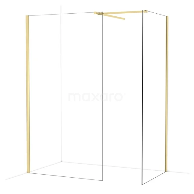 Inloopdouche met goudkleurig frame, glaswanden en modern design, perfect voor een luxe en stijlvolle badkamerinrichting.