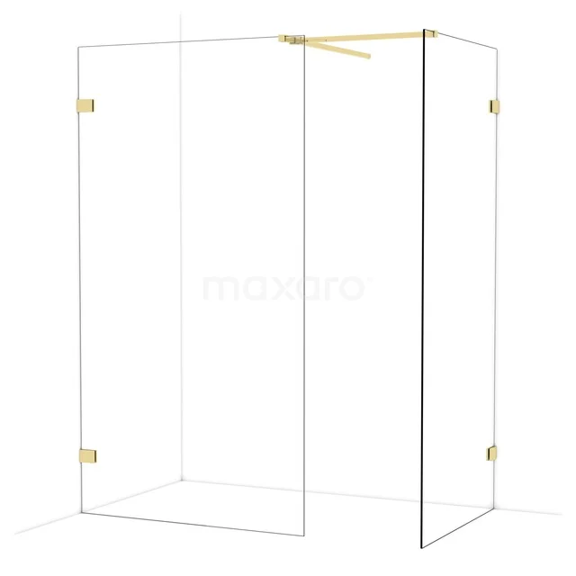 Duschwand aus Klarglas mit goldenen Akzenten, Eckanordnung. Luxuriöser Badezimmerstil mit minimalistischem Design.