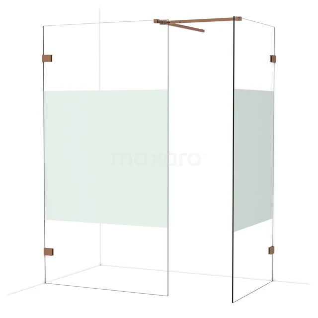 Begehbare Dusche mit Glaswänden, Matt Weißem Streifen, Messingbeschlägen und modernem Design, ideal für einen klaren Badezimmerstil.