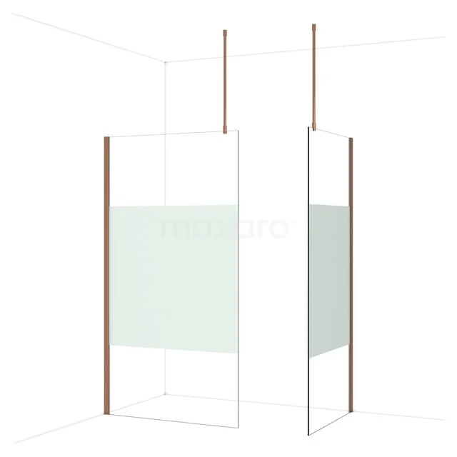 Diamond Walk-in shower | 110x90 cm Shiny copper Clear with matt strip 2 fixed walls IDB1109913GKP Glazen douchewand met matte strook, minimalistisch design, geschikt voor moderne badkamerinrichting.