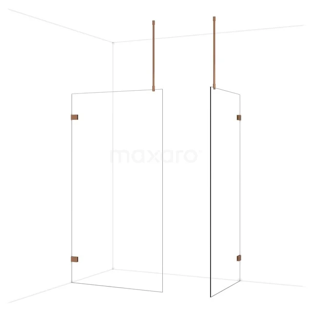 Glazen douchewand met hoek, transparant design en goudkleurige details, perfect voor een moderne badkamer.