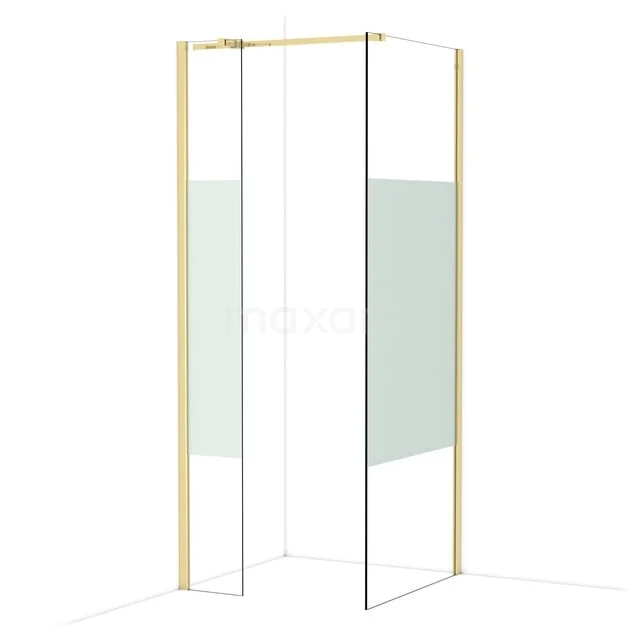 Goldene Eck-Duschwand mit Mattglas und weißem Rahmen, ideal als stilvolle Trennung im modernen Badezimmer.