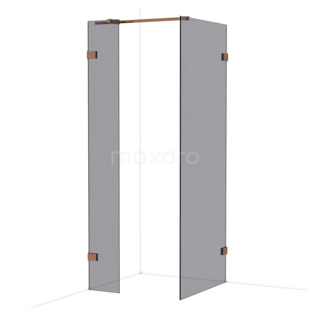 Diamond Walk-in shower | 80x30 cm Shiny copper Smoke glass 2 fixed walls IDB0308321GKP Grijze douchewand met matglas, inklapbare deuren en koperen scharnieren, ideaal voor een moderne badkamer.