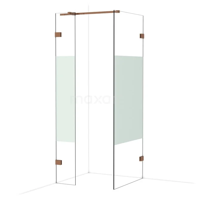 Douchecabine met helder glas, koperkleurige scharnieren, en een modern design, ideaal voor een stijlvolle badkamer.