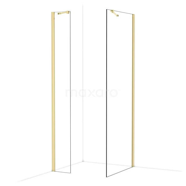 Diamond Walk-in shower | 80x30 cm Glossy light gold Clear glass 2 fixed walls IDB0308410GLG Douchewand met minimalistisch frame in goud en wit, modern design, ideaal voor een stijlvolle badkamer inrichting.