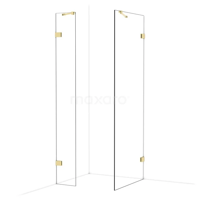 Corner shower wall made of clear glass with gold hinges, ideal for a stylish and modern bathroom.
