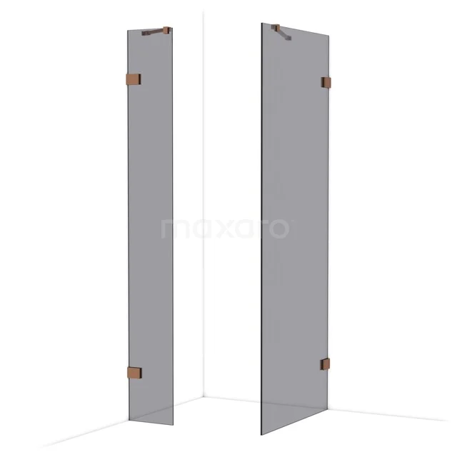 Diamond Walk-in shower | 80x30 cm Shiny copper Smoke glass 2 fixed walls IDB0308421GKP Hoekige douchewand van helder glas met zwarte scharnieren, ideaal voor een moderne badkamer.