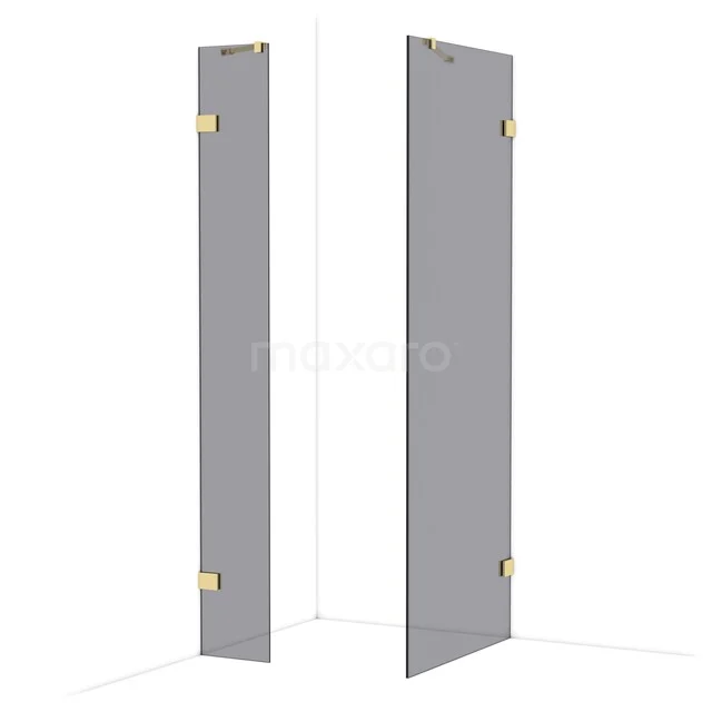 Glass shower wall corner arrangement with matte gold hinges, elegant design for a modern bathroom.