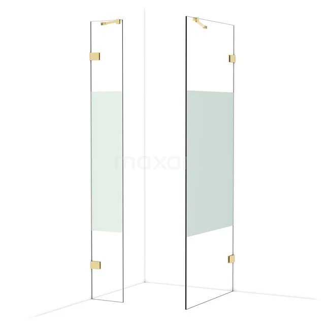 Diamond Walk-in shower | 80x30 cm Glossy light gold Clear with matt strip 2 fixed walls IDB0308423GLG Glazen douchewand met witte rand en gouden scharnieren, moderne designoptie voor een stijlvolle badkamer.