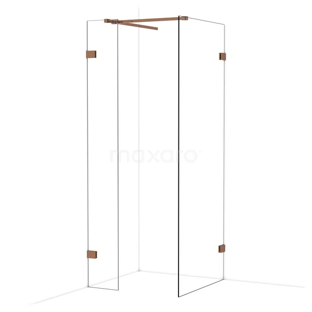 Glasene Duschtür mit Eckaufstellung, transparentem Design und stilvollen kupferfarbenen Scharnieren für moderne Bäder.