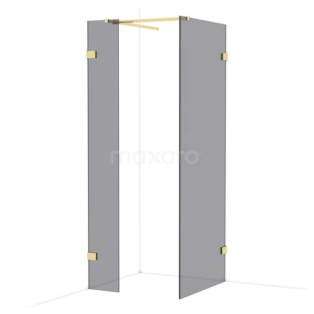 Grey shower door with gold-coloured hinges, modern design, ideal for a stylish and luxurious bathroom decor.