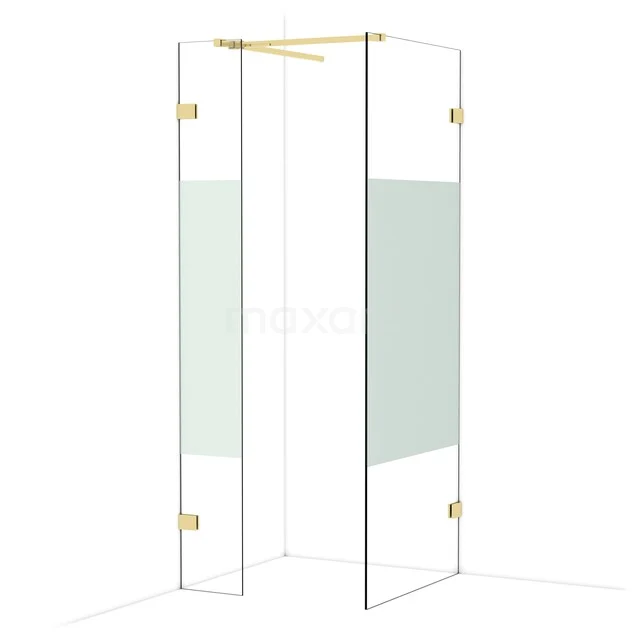 Begehbare Duschen IDB0308523GLG Eck-Duschwand mit goldfarbenen Details, Klarglas und Milchglasstreifen, ideal für ein modernes Badezimmer.