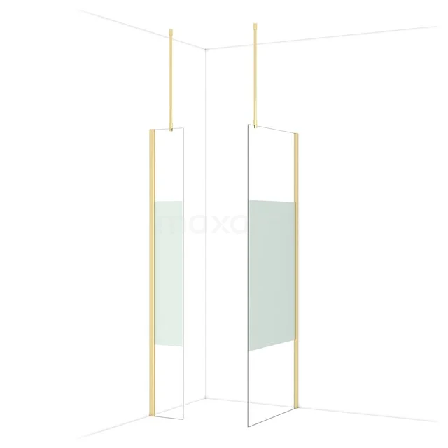 Room divider glass shower wall with minimalist design, gold-coloured accents and sleek profile suitable for modern bathrooms.