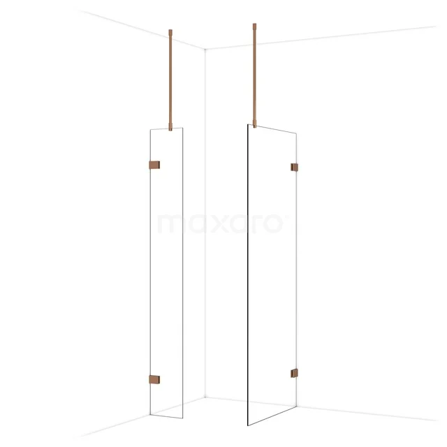 Diamond Walk-in shower | 80x30 cm Shiny copper Clear glass 2 fixed walls IDB0308920GKP Glazen douchewand met minimalistisch design, messing accenten en hoekmontage, perfect voor een moderne badkamer inrichting.