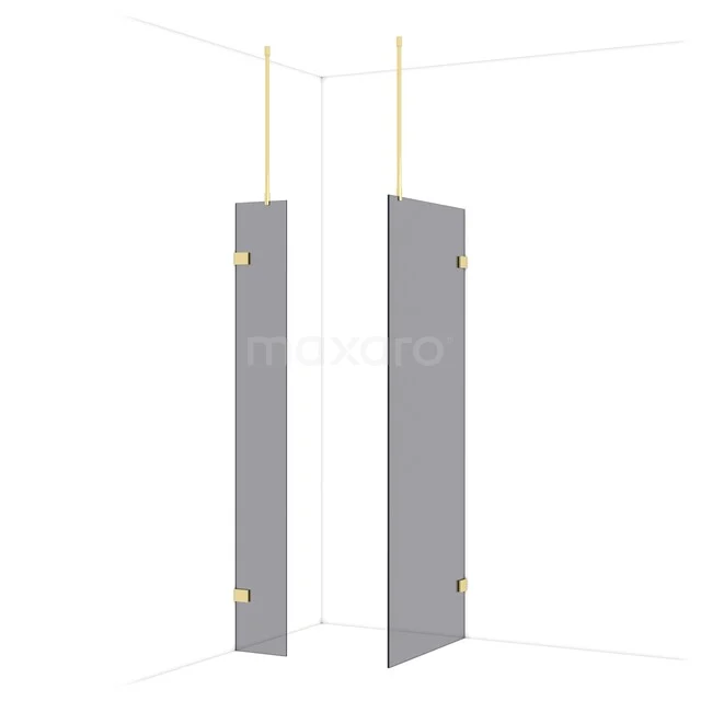 Grey walk-in shower wall with gold accents, minimalist design, ideal for modern bathrooms.