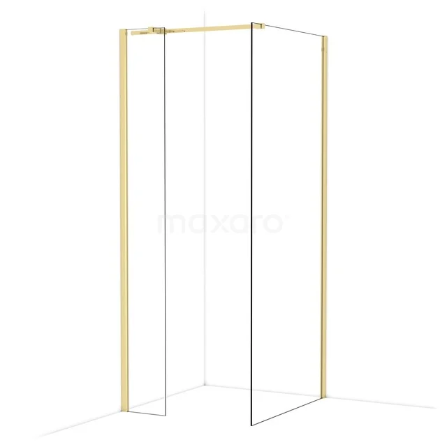 Diamond Walk-in shower | 90x30 cm Glossy light gold Clear glass 2 fixed walls IDB0309310GLG Gouden hoek douchewand met transparant glas, minimalistisch design voor moderne badkamers.