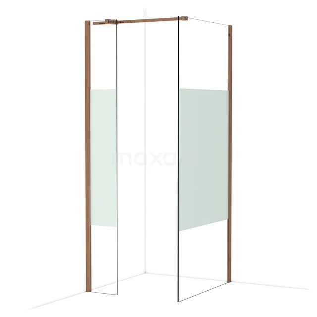 Diamond Walk-in shower | 90x30 cm Shiny copper Clear with matt strip 2 fixed walls IDB0309313GKP Glazen douchecabine met koperkleurig frame, hoekinstap en matglazen details, ideaal voor moderne badkamerontwerpen.