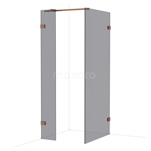 Graue Duschtür, mattes Glas mit kupferfarbenen Akzenten, klappbares Design, ideal für moderne Bäder.